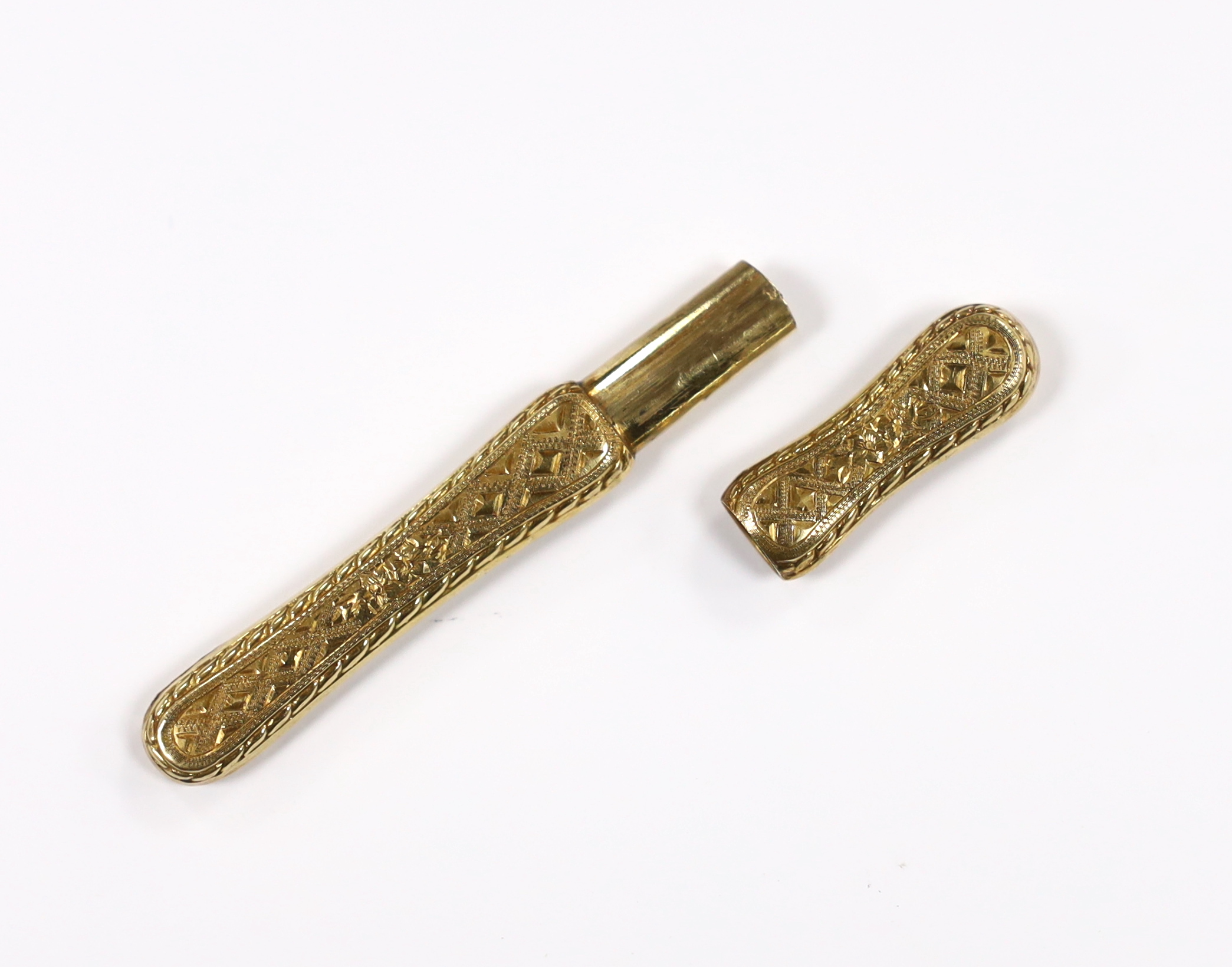 A French engraved yellow metal (18ct poincon mark) needle case, 60mm, 2.9grams.